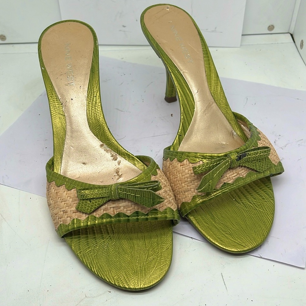Nine West Green & Beige straw Mule Heels